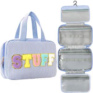 Hanging Toiletry Bag for Women Chenille Letter Travel Cosmetic Bag Fashion Stripes Water-resistant Makeup Bag for Store Toiletries Cosmetic Accessories Medium Blue