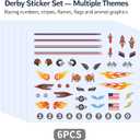 6 x Derby Car Sticker Set for Pinewood Car DerbyStyle Cars, Racing Numbers Flags Flames Animals Wings Lights Decals, Peel & Stick Waterproof Vinyl, 6 Sheets