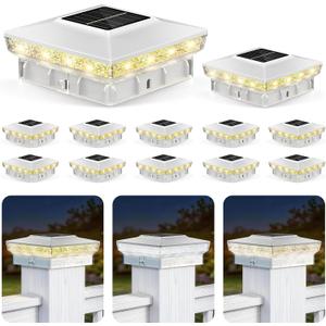 Solar Post Cap Lights 12 Packs for 4x4 Wooden/Vinyl Posts, IP65 Waterproof Fence Post Solar Lights with Warm/Cool/Neutral Lighting, Outdoor Post Lights for Garden, Patio, Porch- White