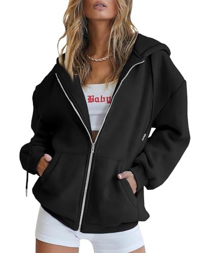 Trendy Queen Womens Zip Up Hoodies Oversized Sweatshirts Fall Fashion Outfits Casual Jackets 2025 Winter Clothes Black XS