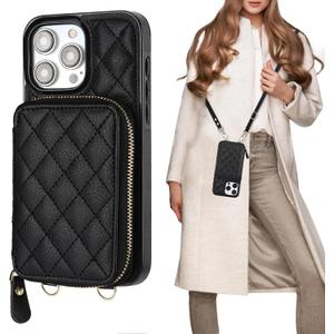 Bocasal Crossbody Wallet Case for iPhone 15 Pro Max, RFID Blocking PU Leather Zipper Handbag Purse Flip Cover, Kickstand Folio Case with Card Slots Holder Wrist Strap Lanyard 5G 6.7 Inch (Black)