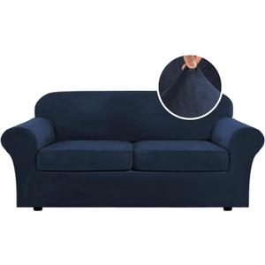 H.VERSAILTEX Real Velvet Plush 3 Piece Stretch Sofa Covers Couch Covers for 2 Cushion Couch Sofa Slipcovers Width Up to 90 Inch Feature Thick Soft Stay in Place (Large Sofa, Navy)