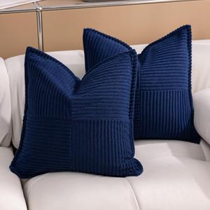 Puncuntex Navy Blue Throw Pillow Covers 1818 Inches Set of 2 Corduroy Boho Decorative Soft Square Striped Cushion Covers for Couch Sofa Living Room 4545CM