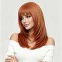 Rugelyss Long Auburn Wig with Bangs Layered Curly Copper Red Wigs for Women Natural Ginger Synthetic Wigs for Daily Use