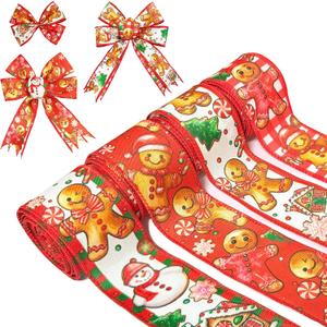 4 Rolls 24 Yards Red Christmas Wired Ribbon, Gingerbread Man, Snowman Snowflake Ribbon Christmas Swirl Burlap Gift Wrapping Line for DIY Craft Bow Garland Decoration,2 Inch
