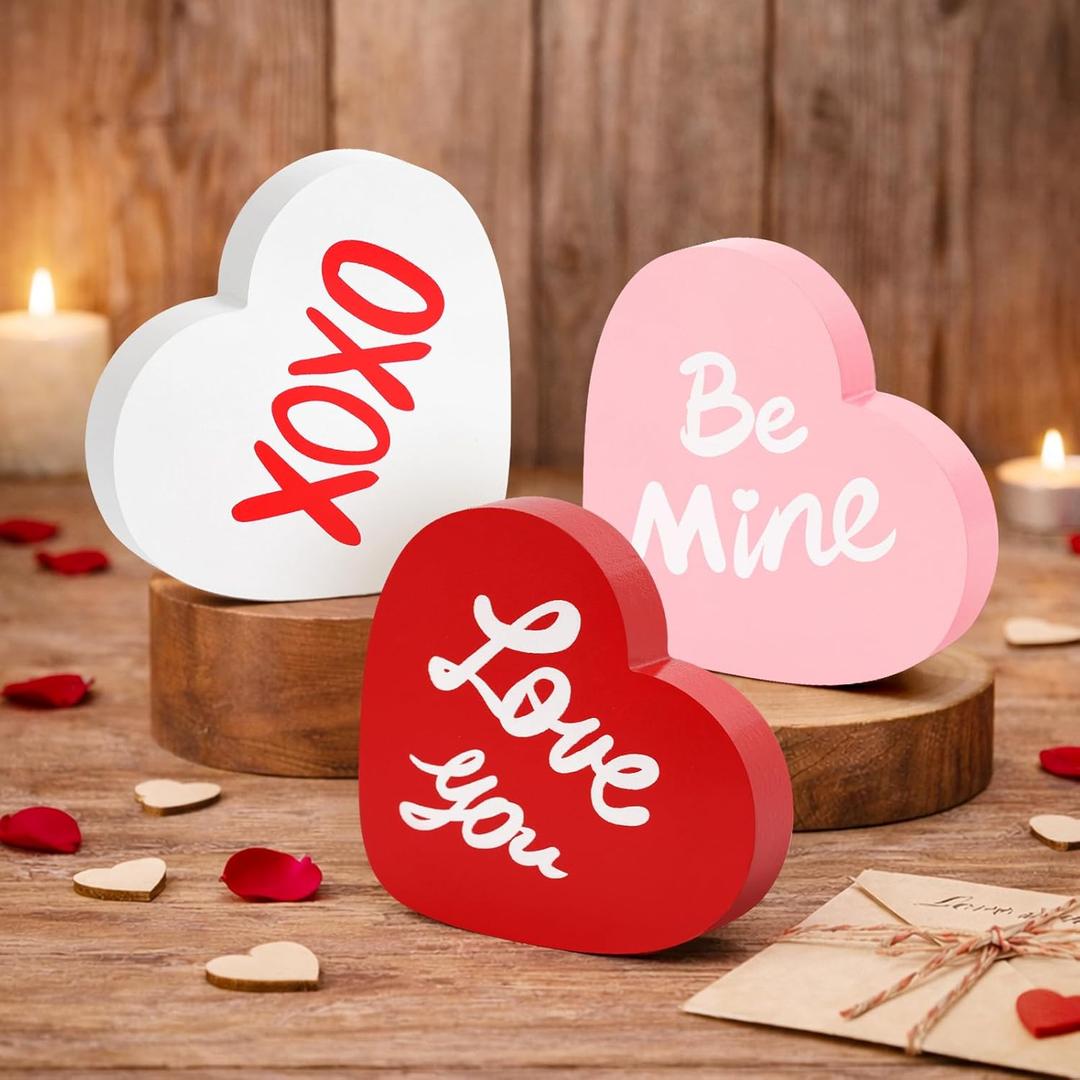 Valentines Day Table Decorations, 3 Pcs Valentine Day Decor, Wooden Conversation Hearts Decor for Home Office Desk Shelf Tiered Tray, Valentine Centerpiece Sign with Love You XOXO Be Mine