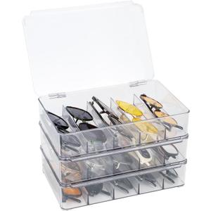 FORUP Sunglasses Organizer, Plastic Stackable Eyeglass Case Storage Organizer, Sunglass Glasses Storage Box with Hinged Lid, 5 Sections, 3 Pack, Clear