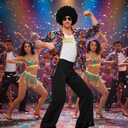 Mepase 6 Pcs Men 70s Disco Costumes Include Retro Shirt Bell Bottom Pants Wig Sunglasses Necklace Wig Cap for Disco Party (Black)