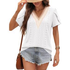 siliteelon Womens Blouses Boho Lace V Neck Short Sleeve Eyelet Shirts Summer Dressy Casual Beach Vacation Tops (L)