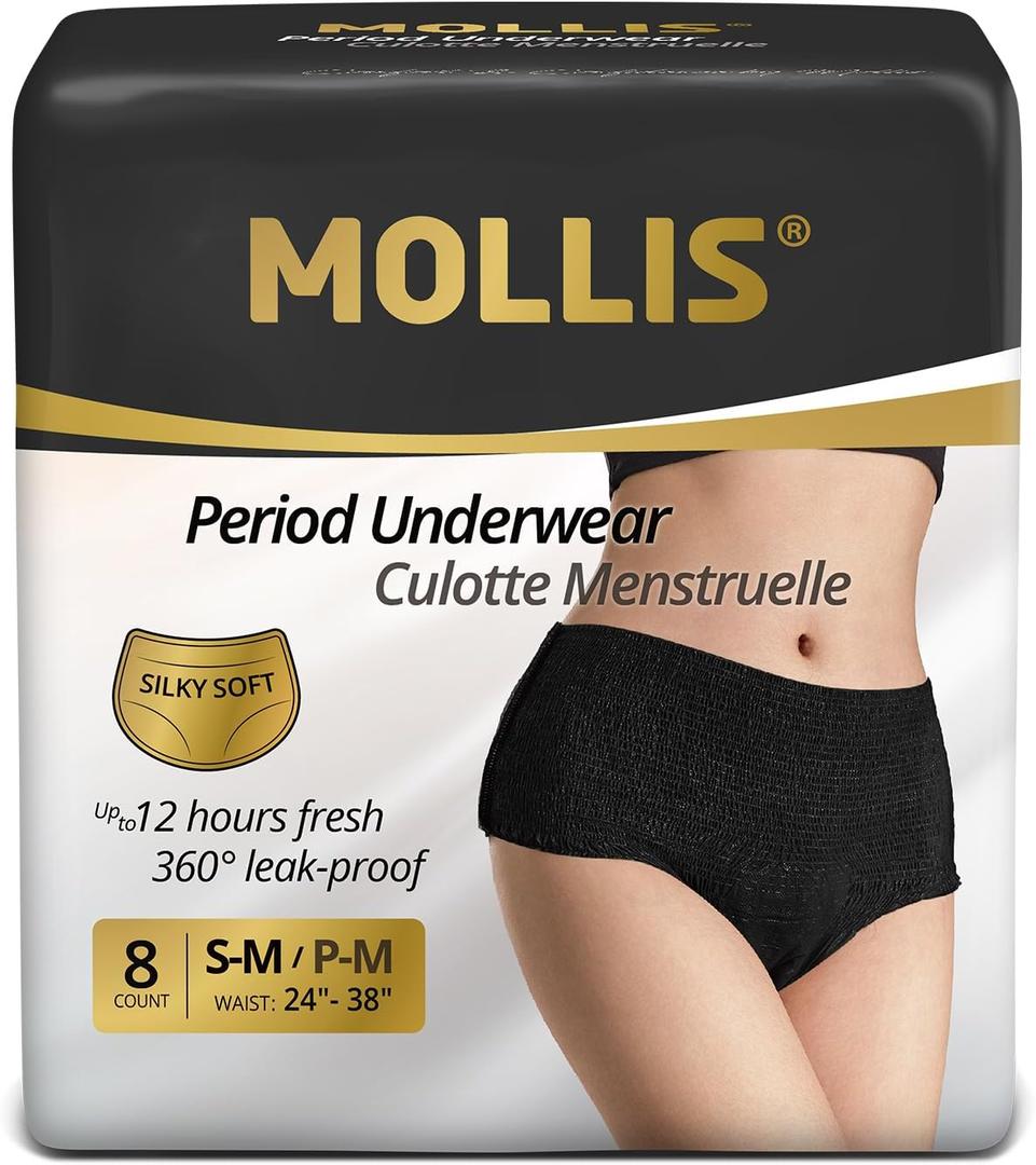 MOLLIS Disposable Period Underwear for Women, Postpartum Panties, Maternity Knickers Heavy Flow Leak Proof, Unscented, Black, Small/Medium, 8 Count