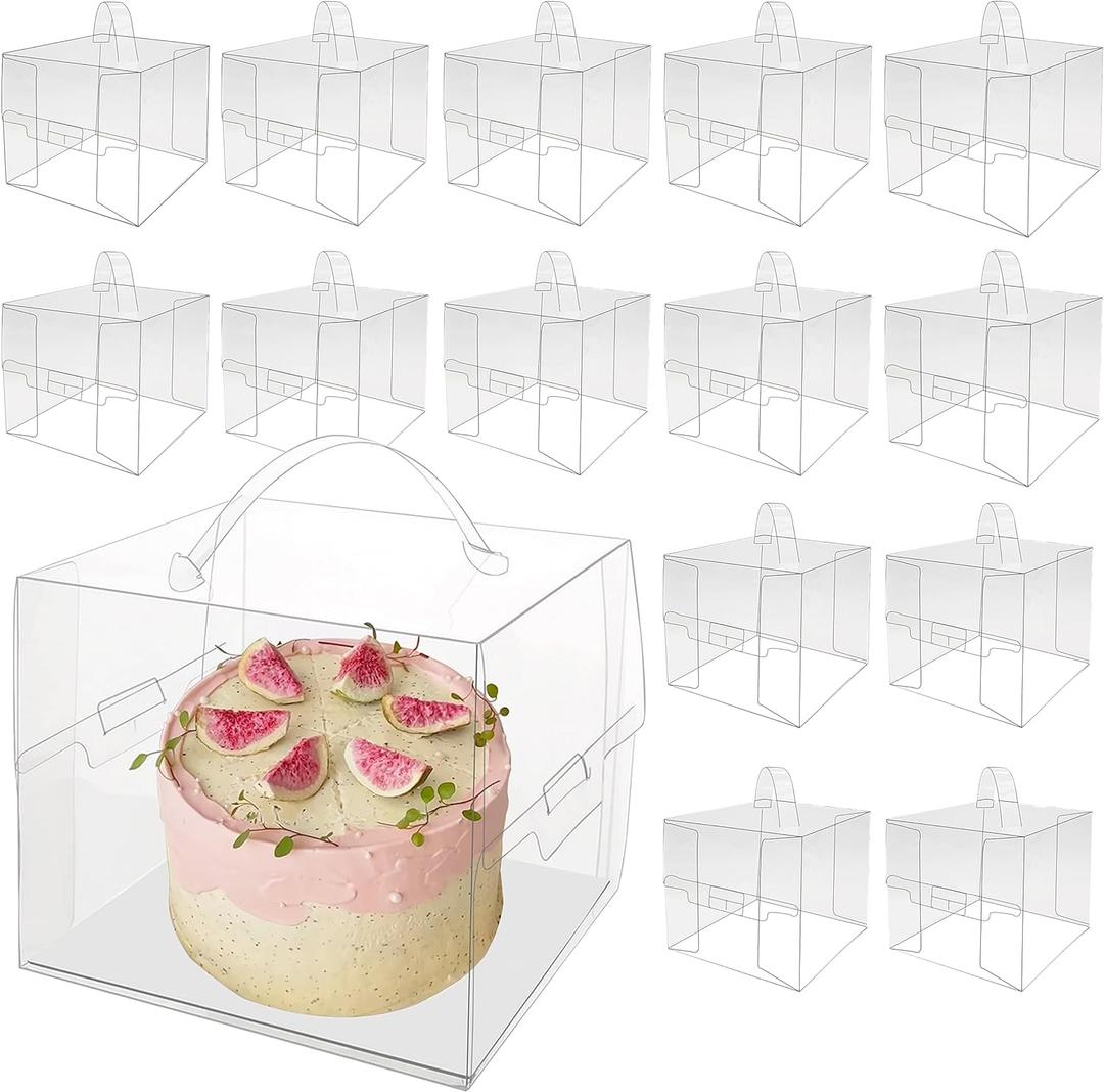 15 Pcs 7x7x6 Inch Clear Cake Boxes with Handle & Cake Boards, Easy Carrying Plastic Cake Containers, Cake Holder Carriers for Birthday Christmas Birthday Wedding, Party, Gift