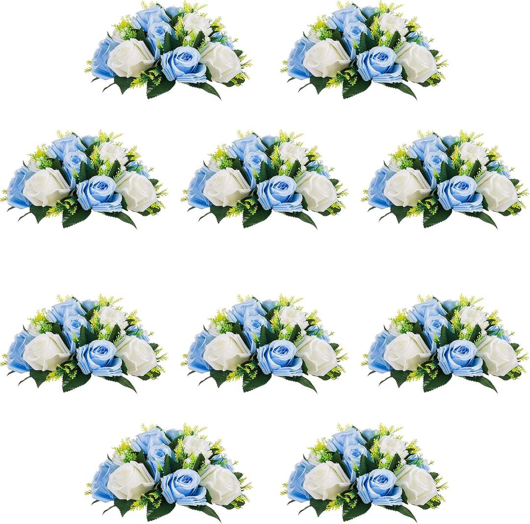 10Pcs Artificial Flower Ball Arrangement, Fake Floral Centerpieces Wedding Roses Bouquet for Parties Valentine's Day Wedding Centerpieces and Home Decor (Blue & White)