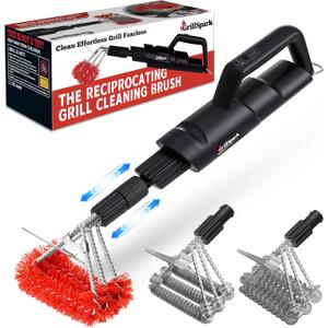 Electric Grill Brush Long Handle, Innovative Reciprocating Motor Grill Cleaner (600/720 Strokes/min), Powerful Cleaning, 3 Interchangeable Brush Heads, Ideal BBQ Gift for Dads & Grill Lovers