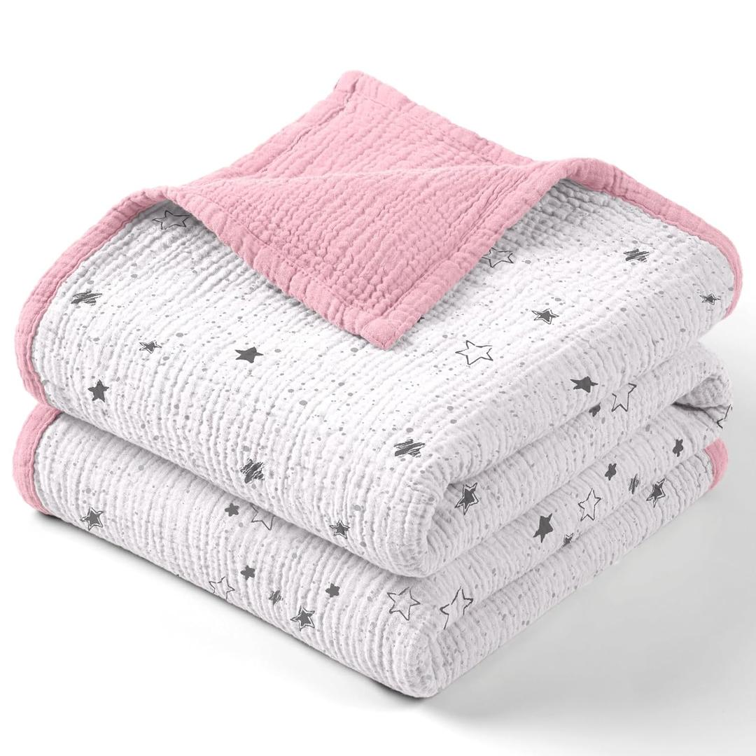 lulumoon Muslin Baby Blanket for Girls - Cotton Quilt Blankets for Toddlers - Reversible Nursery Crib Blanket for Baby Gift 47"x47" (Pink Star)
