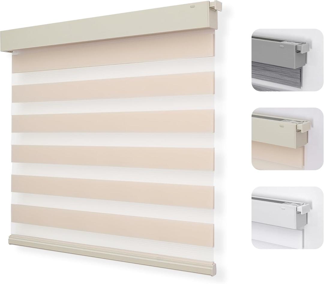 Joydeco No Drill Zebra Blinds for Windows, Cordless Dual-Layer Privacy Zebra Shades for Indoor Windows, Easy to Install, Light Filtering Sheer Blinds for Home (Light Beige,34 "W x 75 "H)