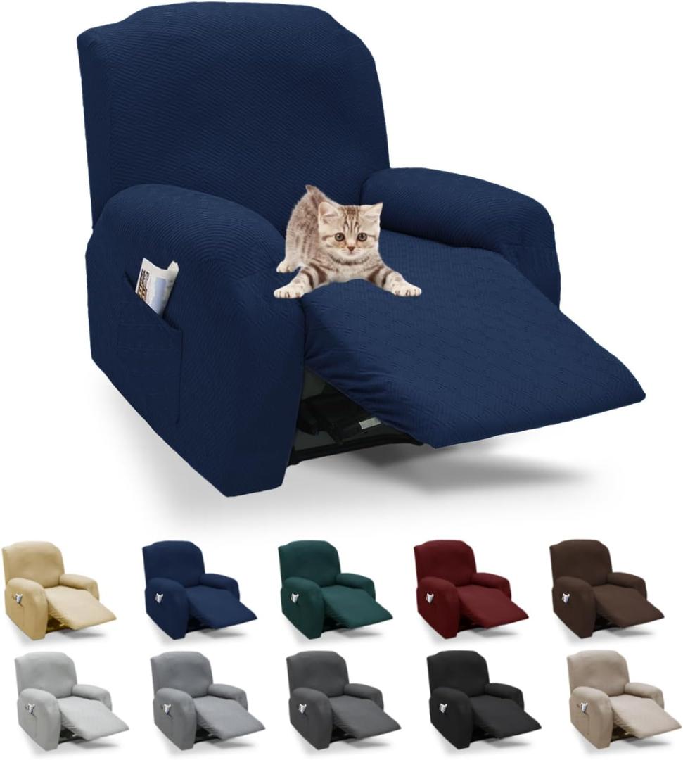 XINEAGE 4-Piece Recliner Cover Stretch Jacquard Slipcover with Pocket, Washable Recliner Chair Protector for Kids, Pets, Dogs, Cats (Navy Blue)