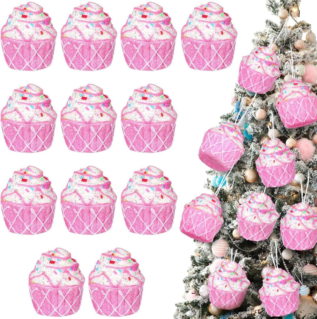 12 Pcs Cupcake Ornaments Set Christmas Hanging Christmas Tree Foam Cupcake Pastel Mini Dessert Ornaments for Xmas Tree Decoration Party Supplies (Pink Cupcakes)
