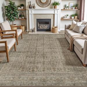 DEXI Area Rugs for Living Room, 8x10 Washable Low Pile Vintage Traditional Rug for Bedroom, Non Slip Large Indoor Carpet for Dining Office Nursery, Dark Taupe