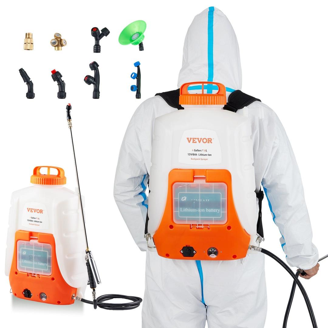 VEVOR 4 Gallon Battery Powered Backpack Sprayer | Adjustable Pressure 0-90 PSI | 8 Nozzles, 2 Wands | 4-6 Hr Runtime 
