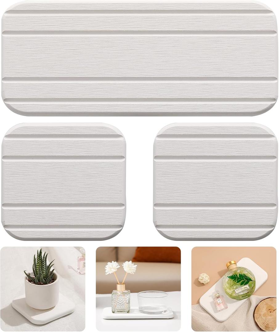 3PCS Water Absorbing Diatomaceous Earth Tray for Sink, Fast Drying Soap & Toothbrush Holders for Bathroom Counter, 1 Stone Tray, 2 Stone Coasters (White-stripes)