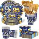 350PCS 95th Birthday Party Decorations for 50 Guests Blue and Gold Party Supplies for Men Include Disposable Paper Plates, Napkins, Cups, and Disposable Plastic Cutlery (95)