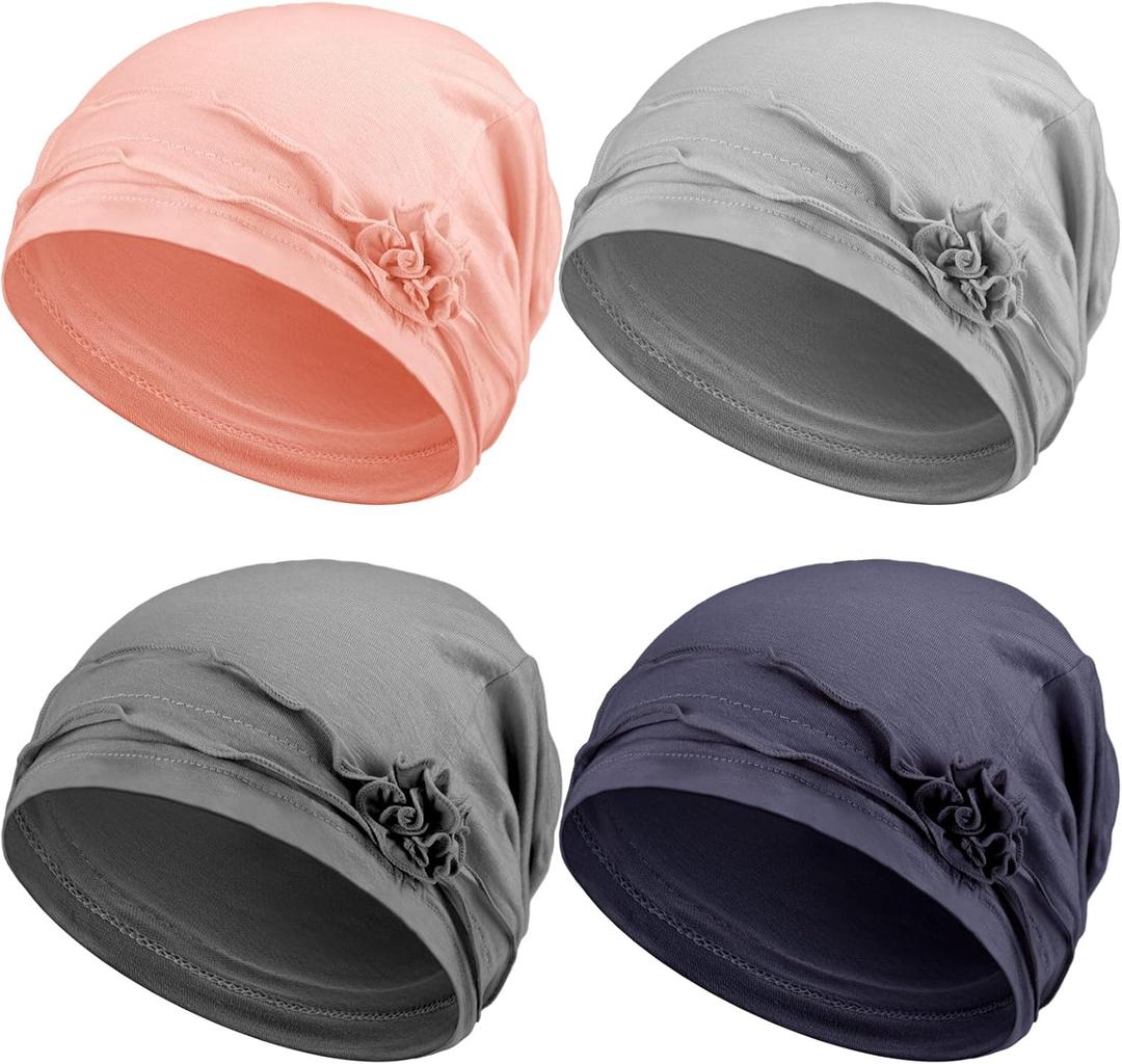 Geyoga 4 Pcs Women Slouchy Beanie Flower Chemo Hats Turban Headwear for Cancer Caps Soft Headcovers Head wrap (Navy, Dark Gray, Light Gray, Pink)