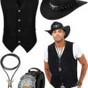 Cutecrop 4 Pcs Western Cowboy Outfits for Men Suede Leather Vest Hat Bolo Tie Belt for Western Halloween Cosplay, XL