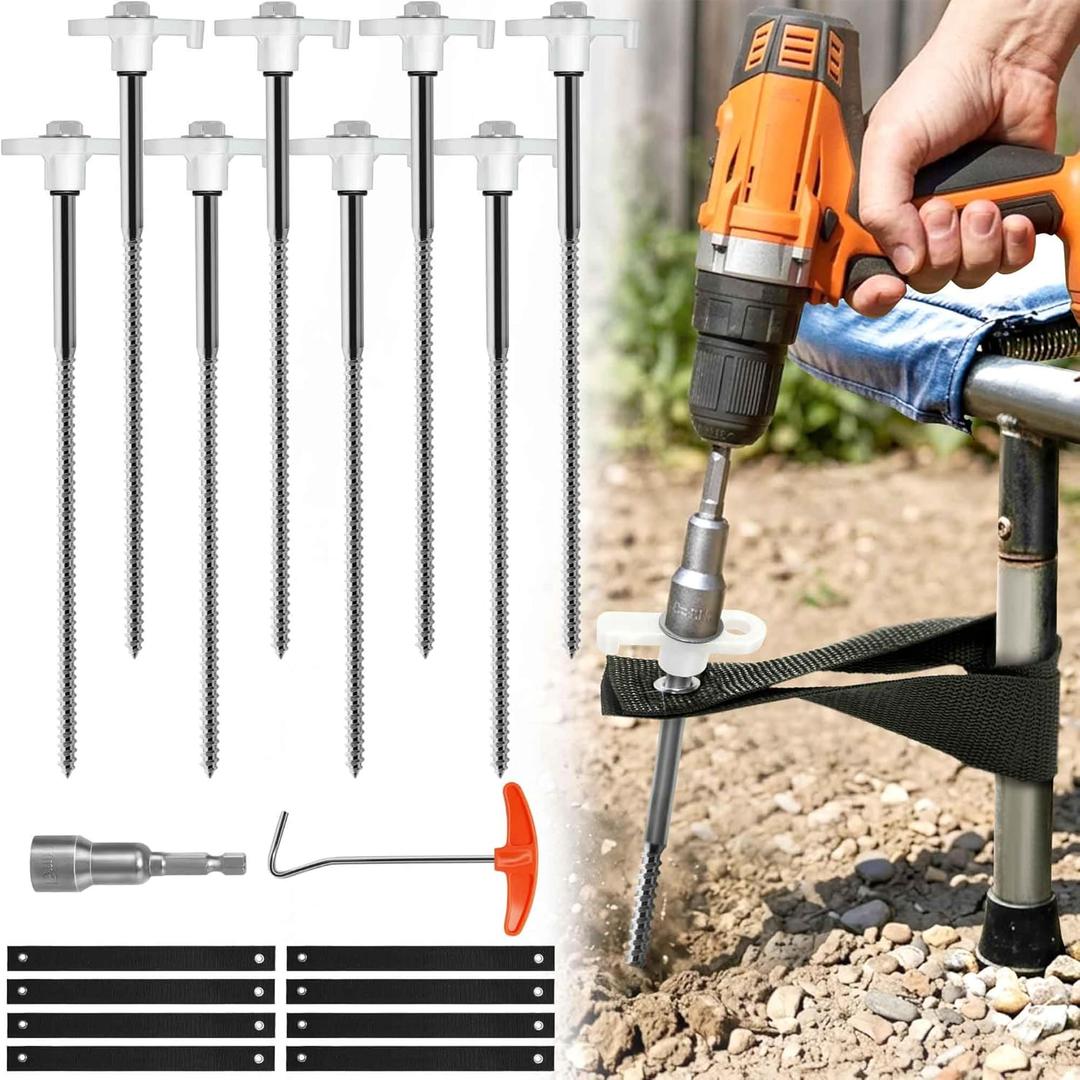 Heavy-Duty Trampoline Stakes for High Wind, 10-Inch Galvanized Steel Rebar Ground Anchors with Drill Bit, Rust-Proof Tie Downs for Hard Soil, Tent, Swing Sets & Canopies (8 Pack)