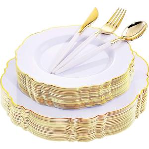 WDF 30Guest Gold Plastic Plates - High-end Baroque Design - 10.25&7.5in Wedding White and Gold Plates Disposable for Parties/Wedding/Father's Day