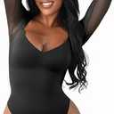 FeelinGirl Long Sleeve Bodysuit for Women Sexy Mesh V Neck Body Suits Thong Corset Top Going Out Outfits for Party, XXL