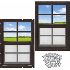 Tandefio 2 Pack Shed Window, Chicken Coop Small Windows 12" x 18" Brown Flush Mount with Tempered Glass and Screen Sliding Windows with Vertical Slider and Screws for Household Sheds Barns Garage