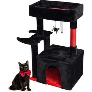 SYANDLVY Gothic Cat Tree with Coffin Bed for Indoor Cats, Activity Tower with Scratching Post, Modern House for Large Cats, Cat Condo Furniture with Basket & Hanging Spider for Play Rest, Black & Red