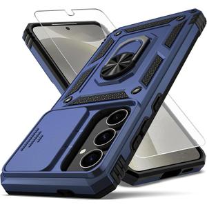 For Samsung Galaxy S24 FE Case,with Camera Lens Cover HD Screen Protector,[Military Grade] Ring Car Mount Kickstand Hybrid Hard PC Soft TPU Shockproof Protective Case for Galaxy S24 FE, Blue