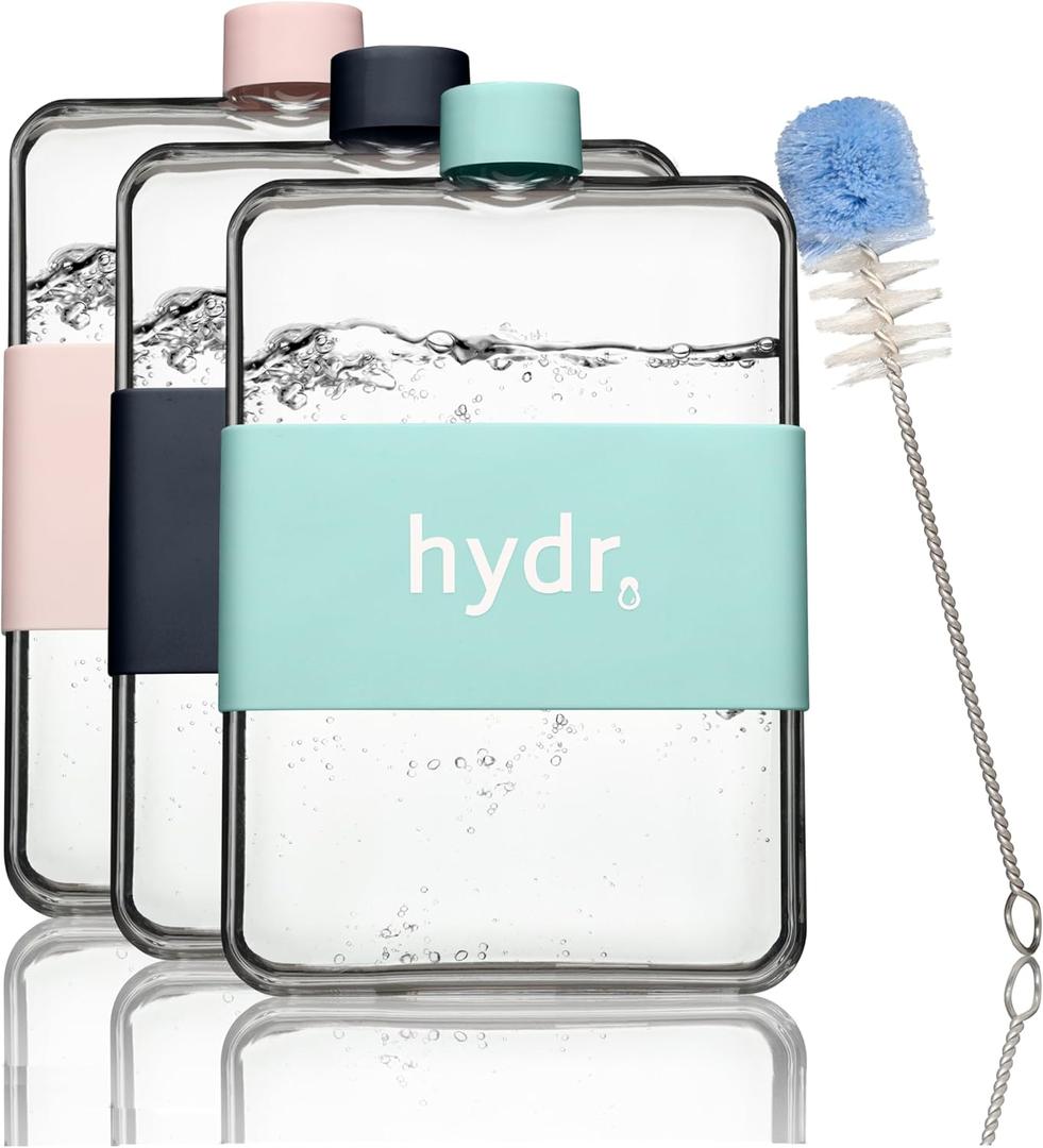 hydr | 15oz Flat Water Bottle For Purse & Flexible Cleaning Brush | BPA Free Square Water Bottle | Leak/Drop Proof Slim Water Bottles For Travel, small water bottle (Lake blue)