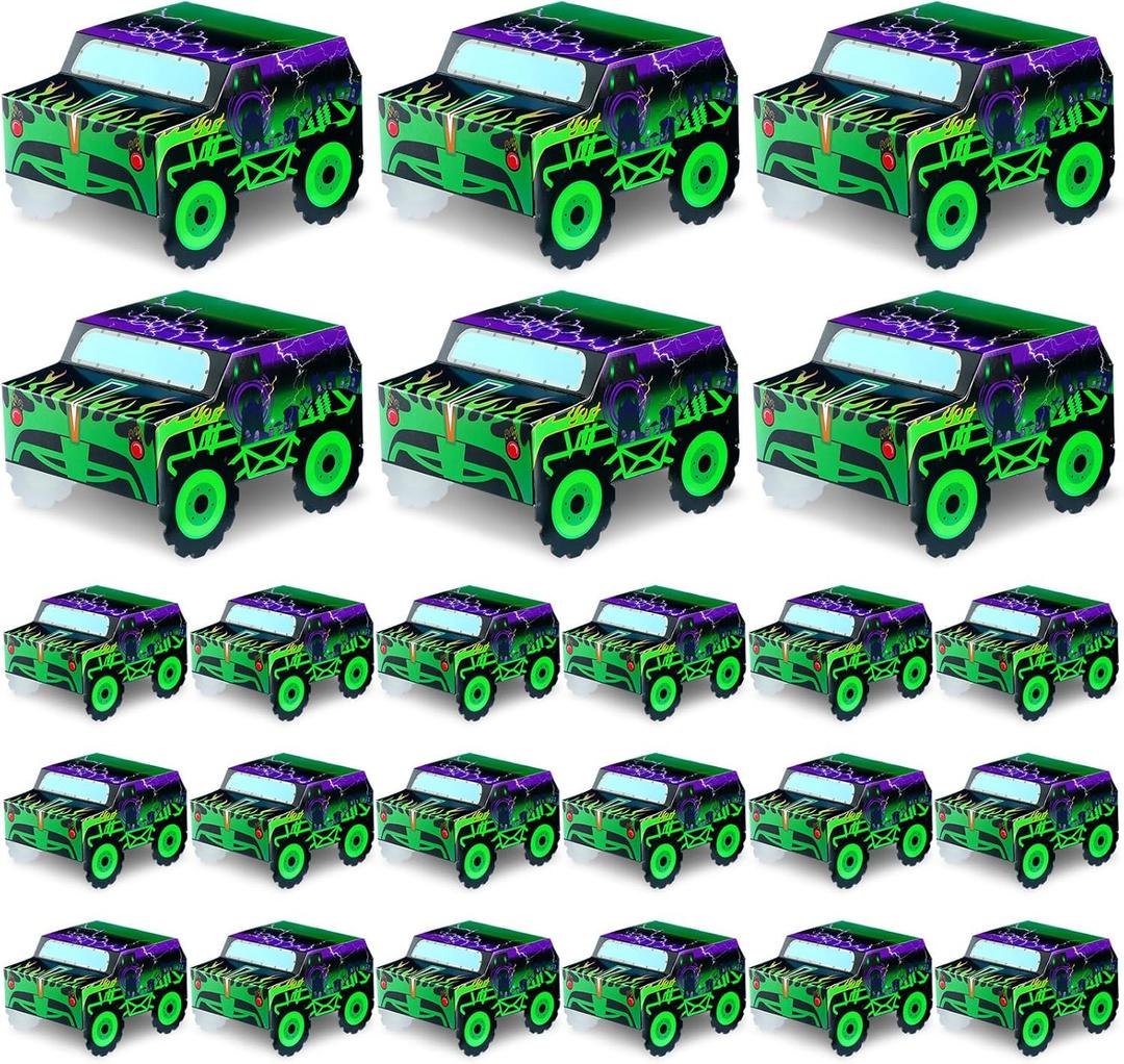 Watersay 24 Pcs Monster Truck Party Decorations Food Boxes Race Car Birthday Supplies Green and Purple Trucks Box Tray Table Centerpiece for Boys Girls Car Favors