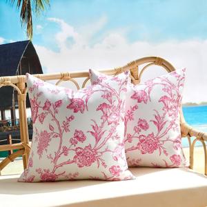 Outdoor Waterproof Throw Pillows Covers Pink Floral 18x18 Inch Vintage Floral Plant Chinoiserie Flowers Decor Pillowcase Set of 2 Cushion Cases for Patio Furniture Couch Bench