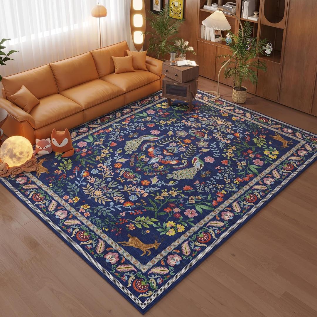 Living Room Rug 5x7 Rug Machine Washable Area Rug Floral Non-Slip Low Pile Large Rugs for Living Room, Bedroom, Farmhouse, Dining Room, Kids Playroom(Blue)