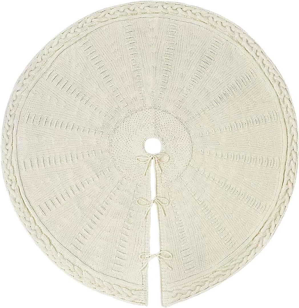 Knitted Christmas Tree Skirt Round Christmas Tree Mat Knit Thick Christmas Tree Decorations Xmas Holiday Home Party(Cream White,92cm/36inch)
