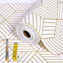 Shelf Liners for Kitchen Cabinets 17.3in x 49.21FT, Non Adhesive Cabinet Liner Strong Non-Slip Thickened Gold Geometric Drawer Liner, Easy to Clean for Shelf, Cabinet with Knife and Tape Measure