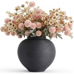 Large Black Ceramic Vase - 9 Inch Large Black Round Vase, Rustic Farmhouse Vase for Home Decor, Dining Table, Shelf, Bedroom, Living Room, Kitchen, Office, Bathroom, Mantle, Centerpiece Décor