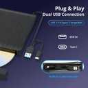 External Blu-ray Burner, 6X BD-RE Writer & 3D Blu-ray Player, USB 3.0 & Type-C Portable Optical Drive, CD/DVD Reader Burner for Laptop Desktop PC, Compatible with Windows 11/10/Mac OS/Linux