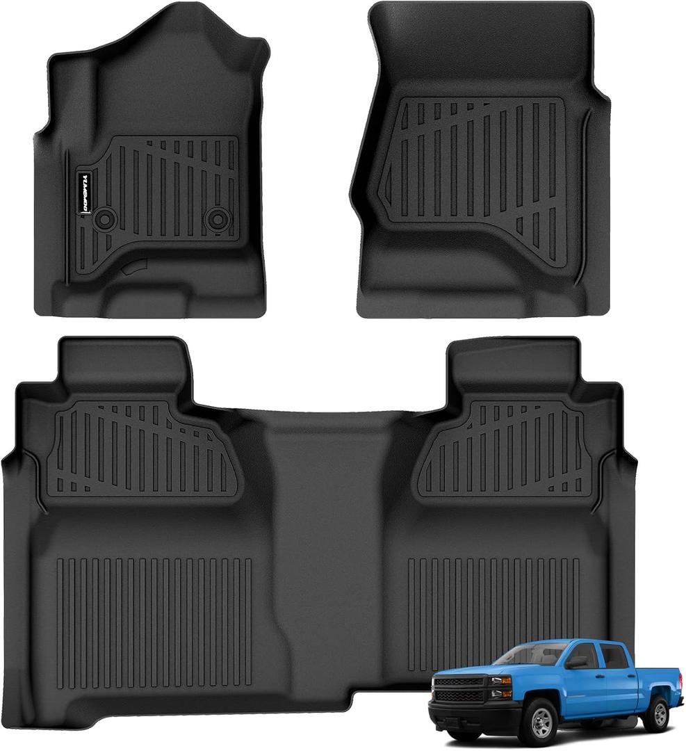 Floor Mats for 2014-2018 Chevy Silverado/GMC Sierra 1500 Crew Cab & 2015-2019 Silverado/Sierra 2500 HD/3500 HD Crew Cab,All Weather TPE Floor Liners Custom Fit for Chevy Silverado Full Set Car Mats