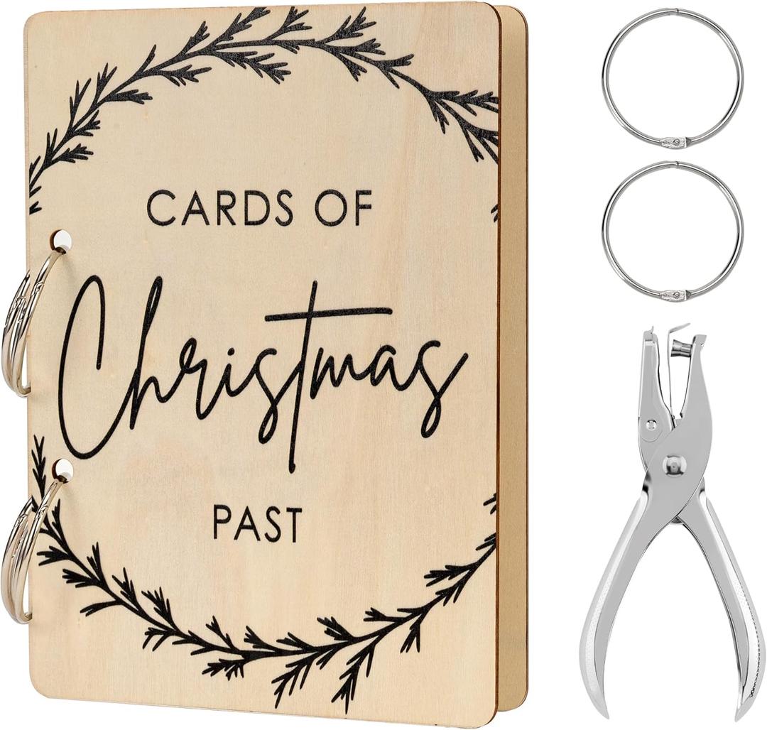 Christmas Greeting Card Holder, Wooden Keepsake Album, Holiday Card Organizer, Festive Photo Keeper & Memory Collection for Christmas, Birthday Cards (Elegant Wreath)