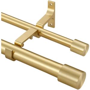 Brass Double Curtain Rods with Cap Finials, Double Curtain Rods 72-144", Adjustable Dual Curtain Rod Double Window Rods, 1 Inch Front and 5/8 Inch Back Double Drapery Rods
