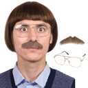 FantaLook Short Straight 60 70s Bowl Cut Funny Wig with Glasses and Mustache for Men Crazy Mushroom Cosplay Wig for Halloween (Dark Brown)