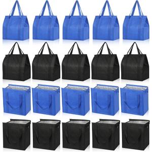 20 Pcs Insulated Shopping Bags for Groceries with Zipper & Handles, Large Foldable Cooler Bags for Hot & Cold Food (Black/Blue)
