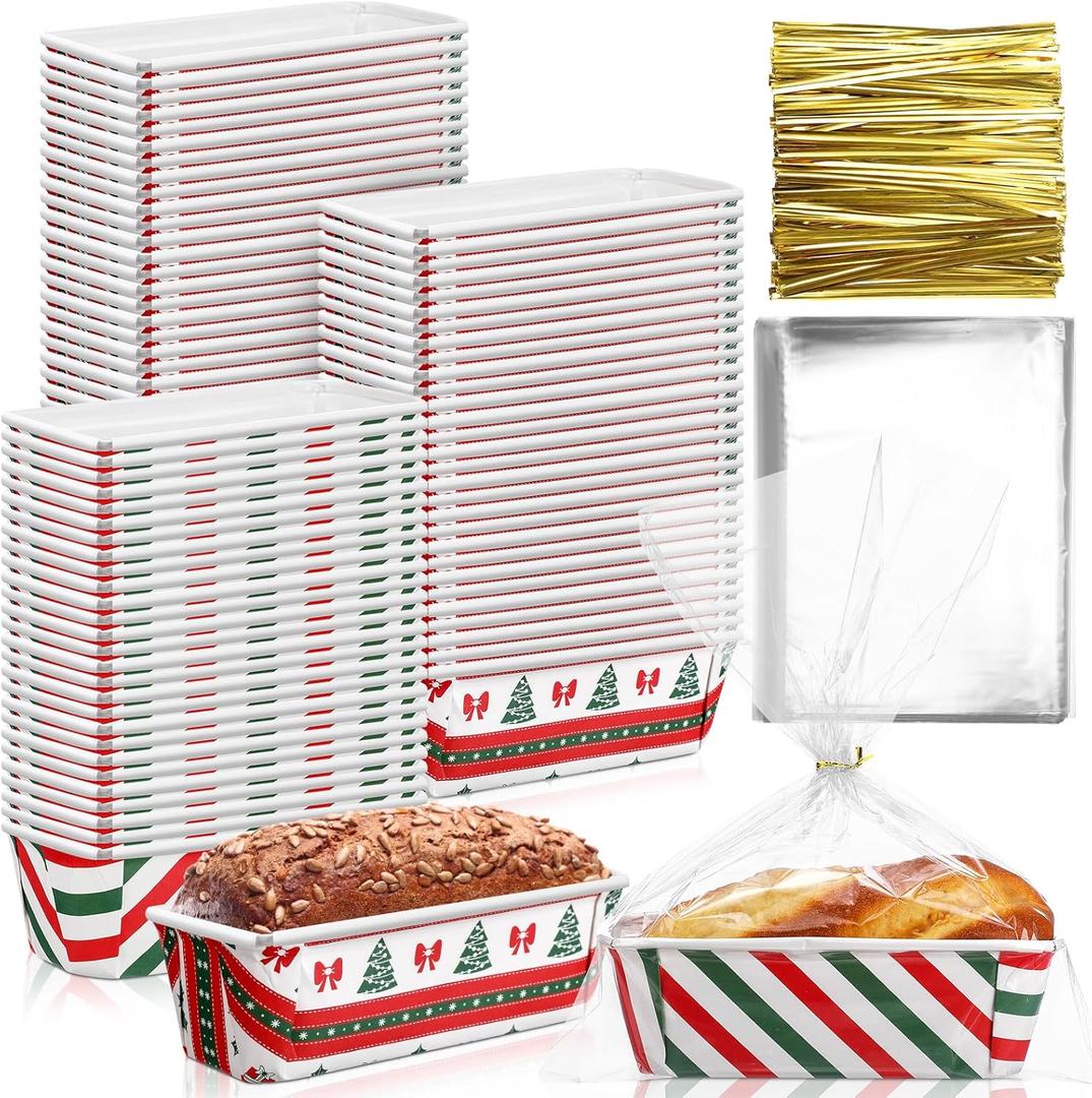 Teenyyou 50 Sets Christmas Paper Loaf Pan 6.3 x 2.2 x 2.2 Inch Mini Disposable Bread Pans with Clear Plastic Bags and Ties Rectangle Baking Mold Loaf Containers for Bread Cake Baking (Stripe Style)