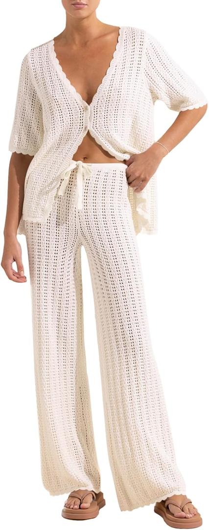 Imily Bela Women's Summer 2 Piece Swimsuit Cover up Crochet Knit Cardigan Tops Long Pants Set Bathing Suit Beach Outfit (Large, Beige)