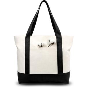 TOPDesign 6-Pack Canvas Tote Bags with an External Pocket, Reusable Grocery Shopping Bags, Top Zipper Closure, Daily Essentials (Black/Natural)