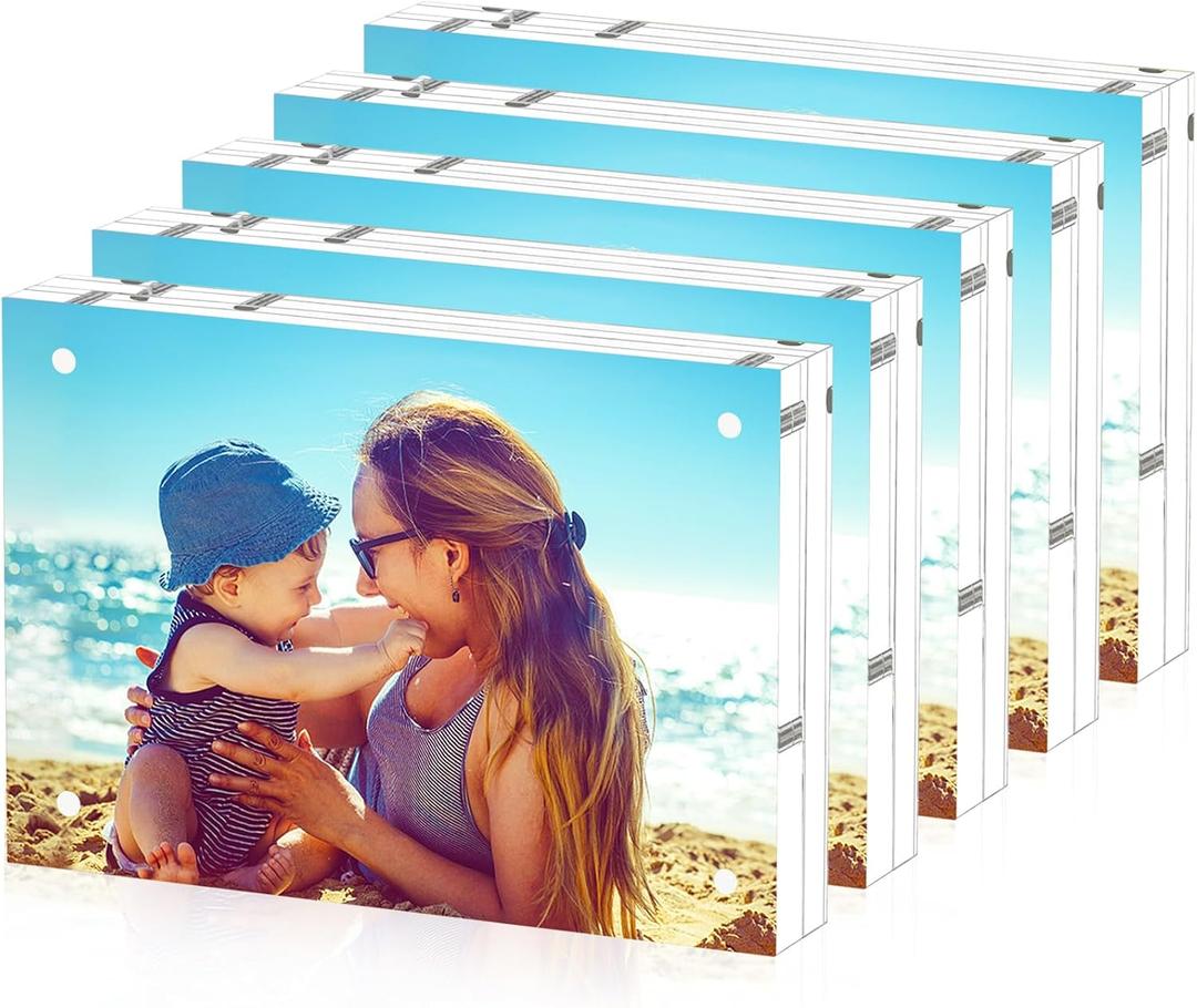 HELPLEX Acrylic Frame, 5 Pack 3.5x5 Acrylic Picture Frames, 20mm Thicker Frameless Clear Double Sided Magnetic Frame, Free Standing Desktop Display